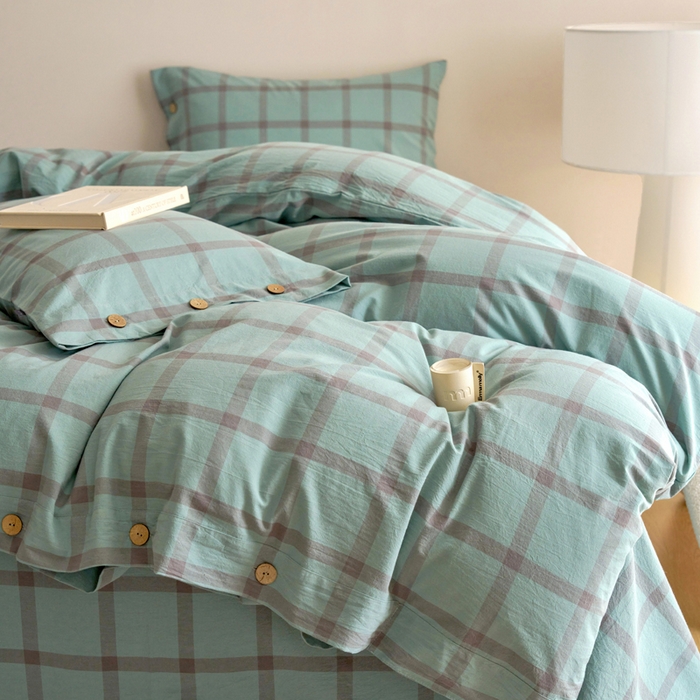 91家纺网 家纺一手货源 找家纺 贝尔 A类全棉纽扣水洗棉四件套 野蕨绿