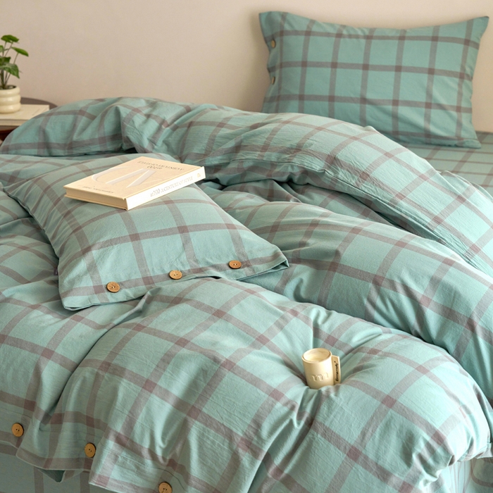 91家纺网 家纺一手货源 找家纺 贝尔 A类全棉纽扣水洗棉四件套 野蕨绿