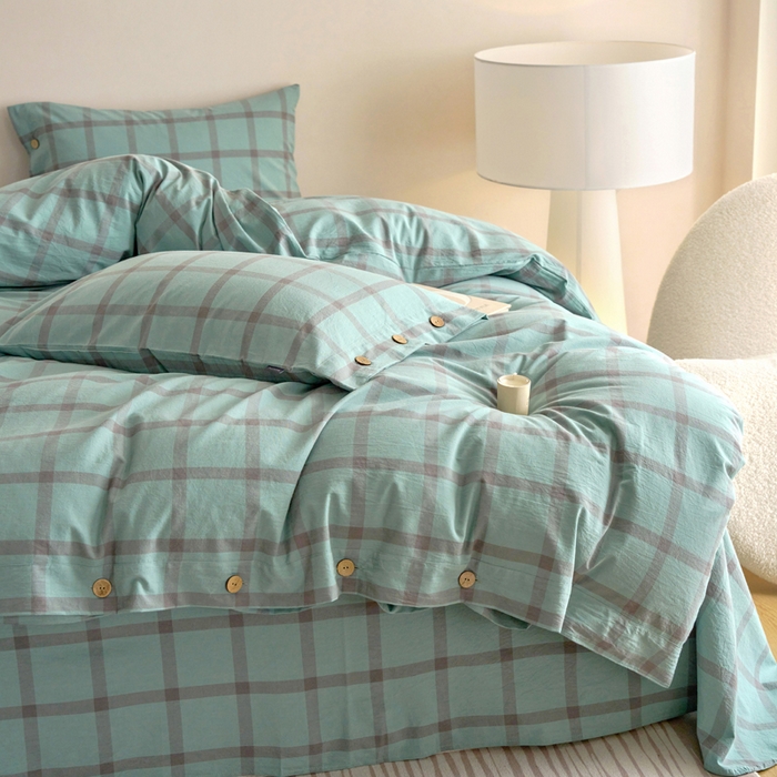 91家纺网 家纺一手货源 找家纺 贝尔 A类全棉纽扣水洗棉四件套 野蕨绿