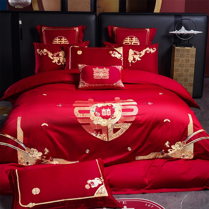 91家纺网 家纺一手货源 找家纺 芊囍纺 2025新款全棉刺绣婚庆四件套 喜事到家