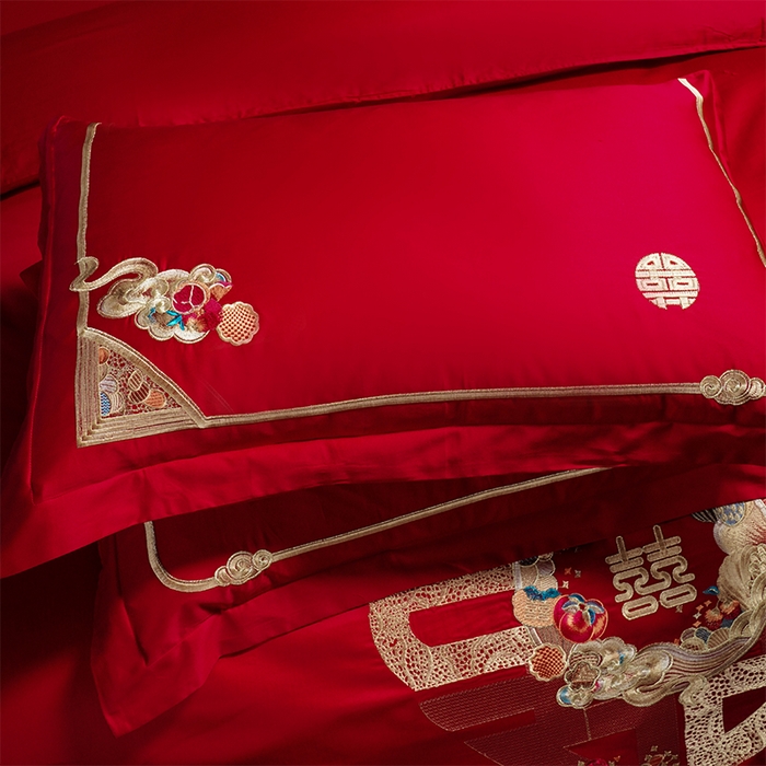 91家纺网 家纺一手货源 找家纺 芊囍纺 2025新款全棉刺绣婚庆四件套 喜事到家