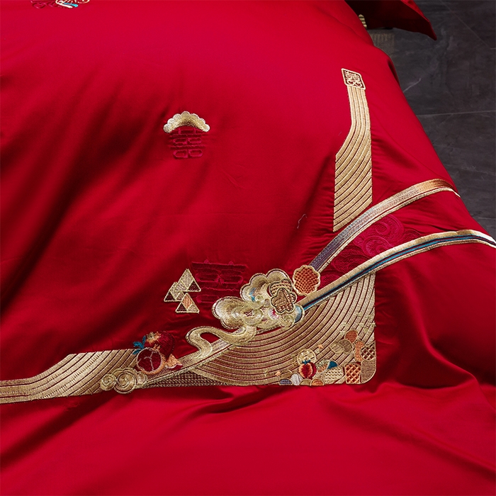 91家纺网 家纺一手货源 找家纺 芊囍纺 2025新款全棉刺绣婚庆四件套 喜事到家