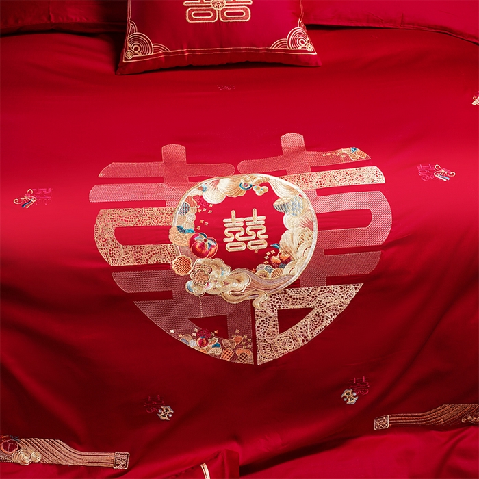 91家纺网 家纺一手货源 找家纺 芊囍纺 2025新款全棉刺绣婚庆四件套 喜事到家