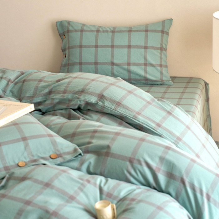 91家纺网 家纺一手货源 找家纺 贝尔 A类全棉纽扣水洗棉四件套 野蕨绿