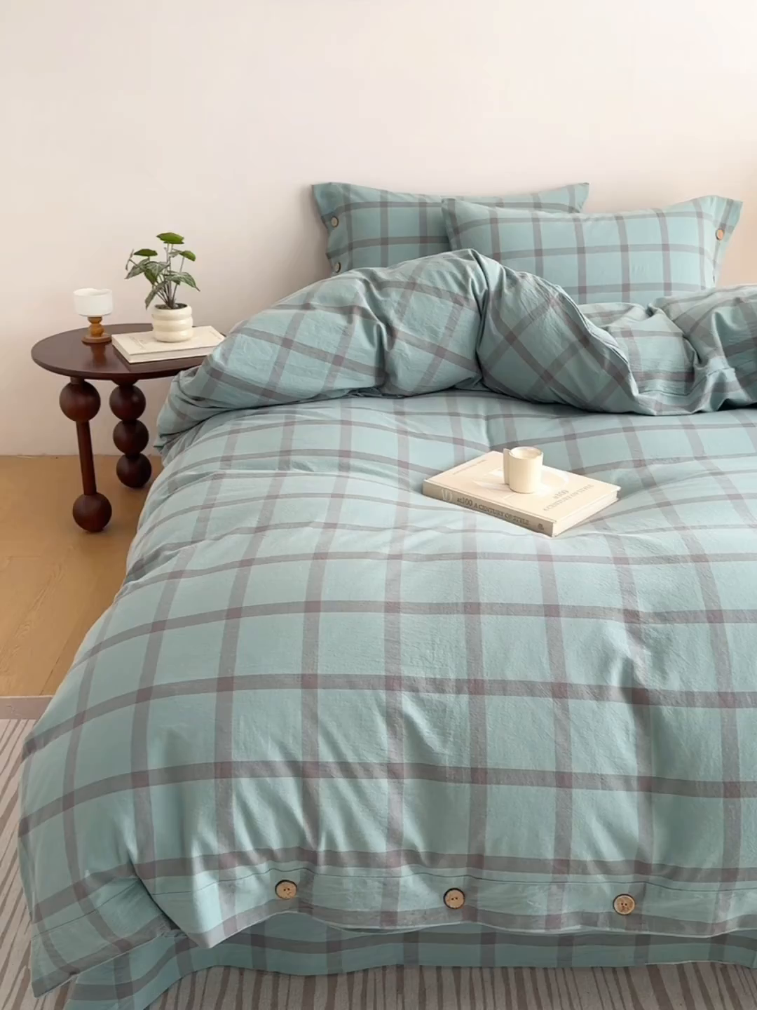 91家纺网 家纺一手货源 找家纺 贝尔 A类全棉纽扣水洗棉四件套 野蕨绿