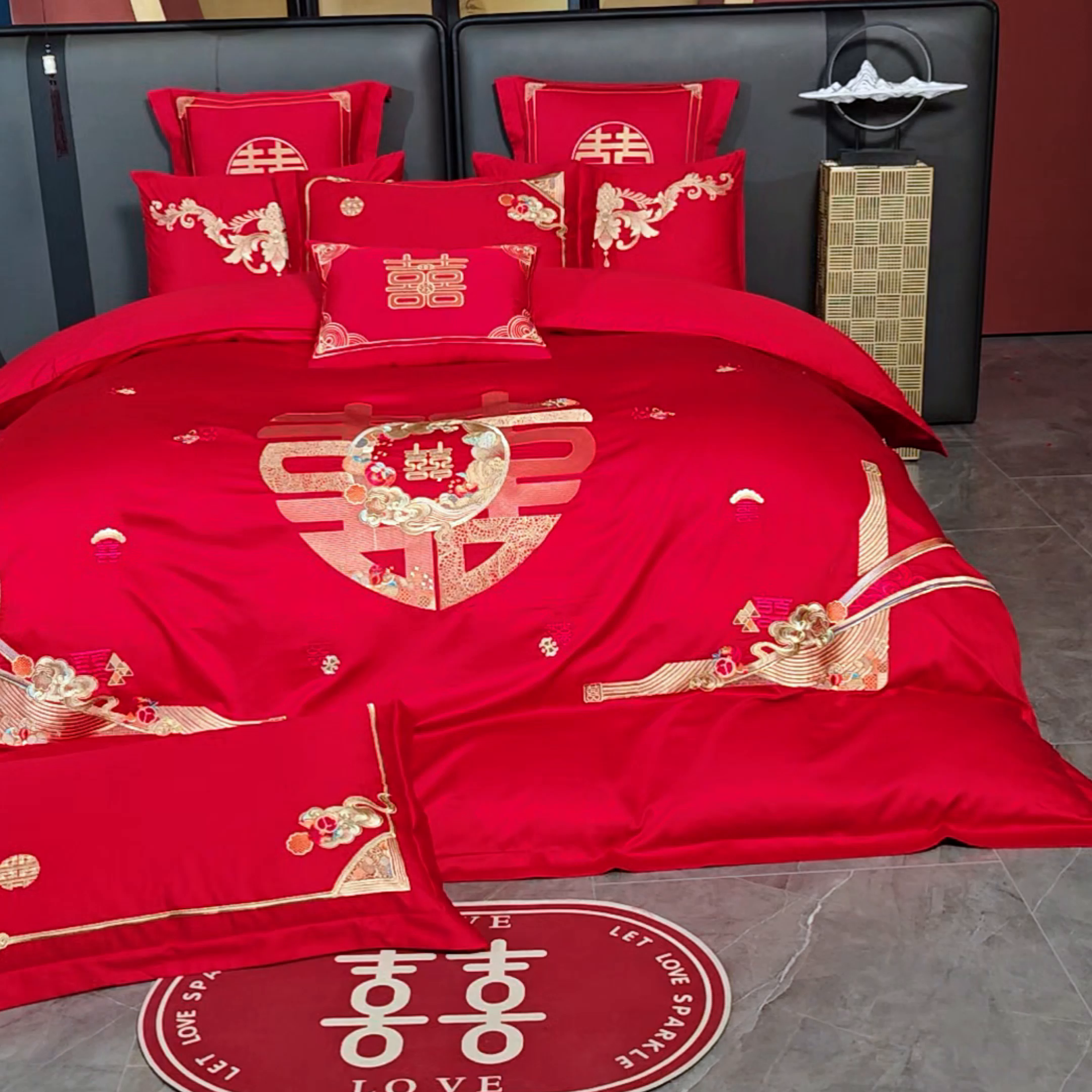 91家纺网 家纺一手货源 找家纺 芊囍纺 2025新款全棉刺绣婚庆四件套 喜事到家