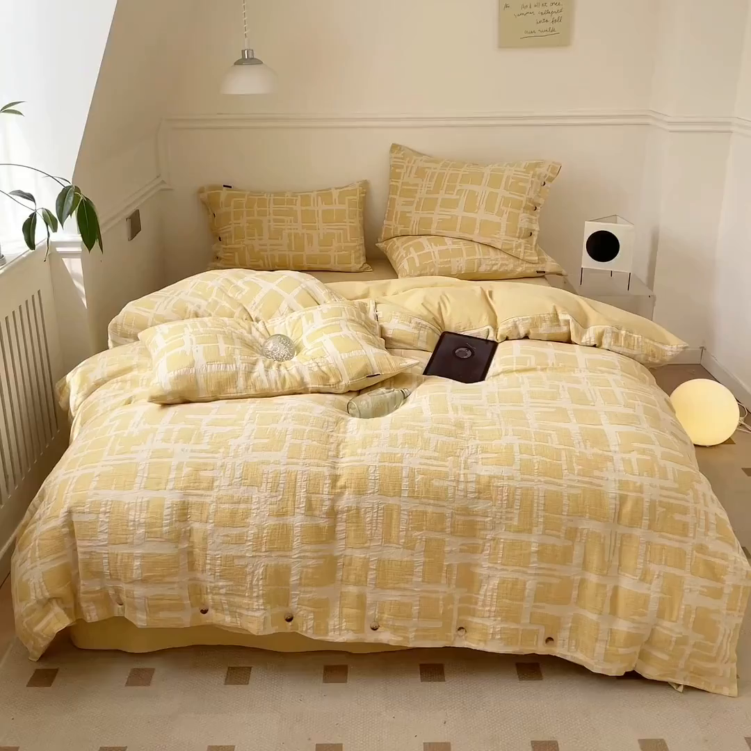 91家纺网 家纺一手货源 找家纺 （总）贝尔 PELLHOME 欧几里得全棉简约北欧几何空气提花三层纱四件套纯色系（可抖音代发）