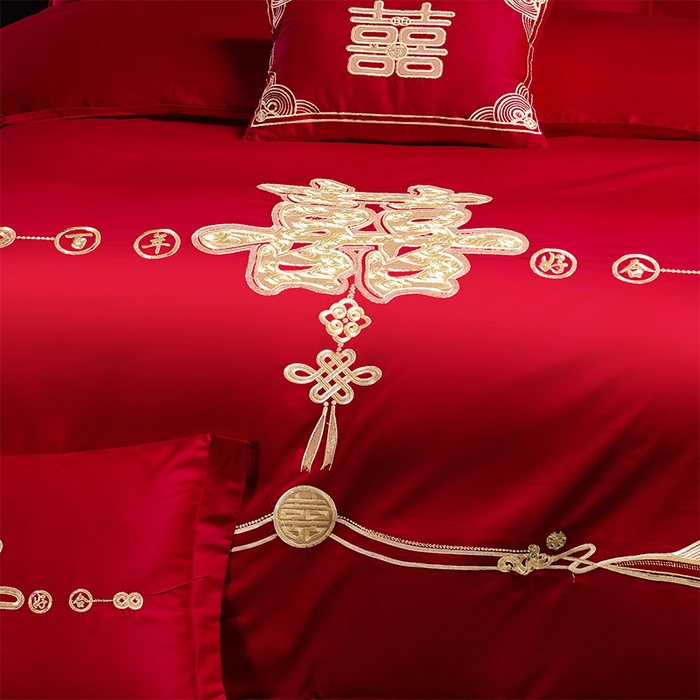 91家纺网 家纺一手货源 找家纺 芊囍纺 2025新款全棉刺绣婚庆四件套 喜上添花