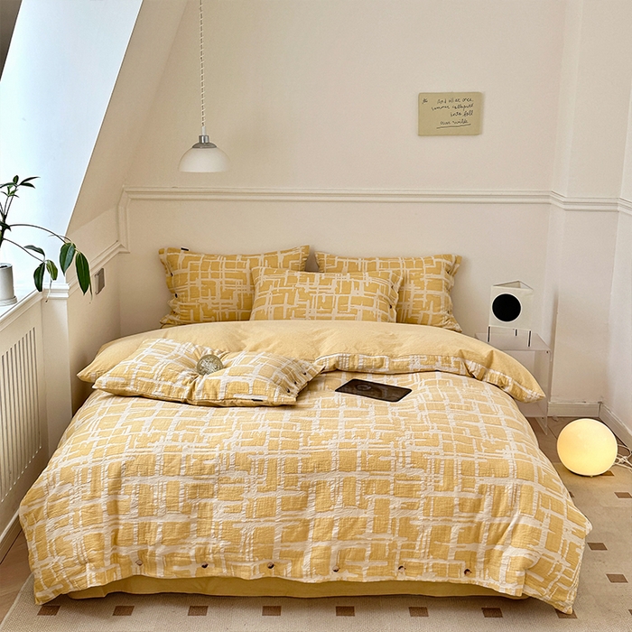 91家纺网 家纺一手货源 找家纺 （总）贝尔 PELLHOME 欧几里得全棉简约北欧几何空气提花三层纱四件套纯色系（可抖音代发）