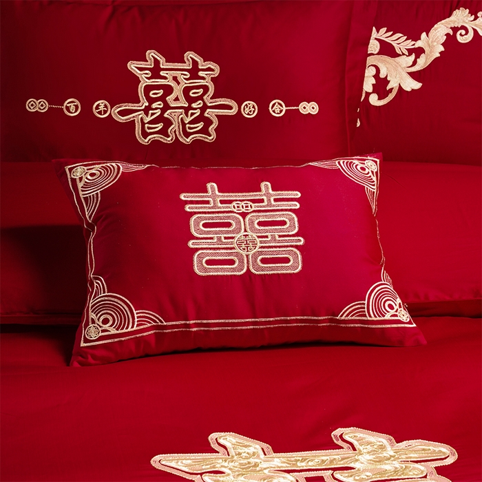 91家纺网 家纺一手货源 找家纺 芊囍纺 2025新款全棉刺绣婚庆四件套 喜上添花