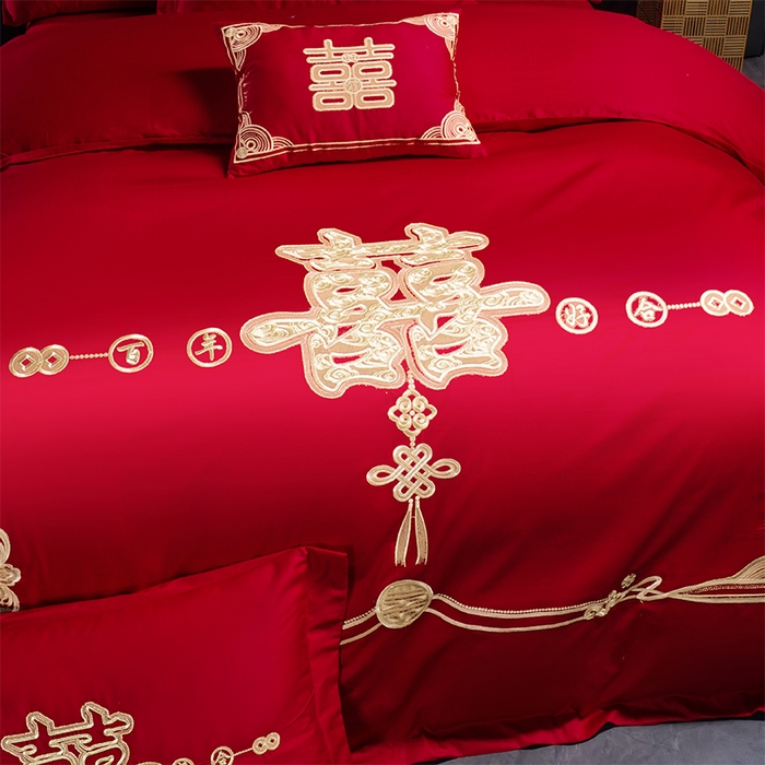 91家纺网 家纺一手货源 找家纺 芊囍纺 2025新款全棉刺绣婚庆四件套 喜上添花