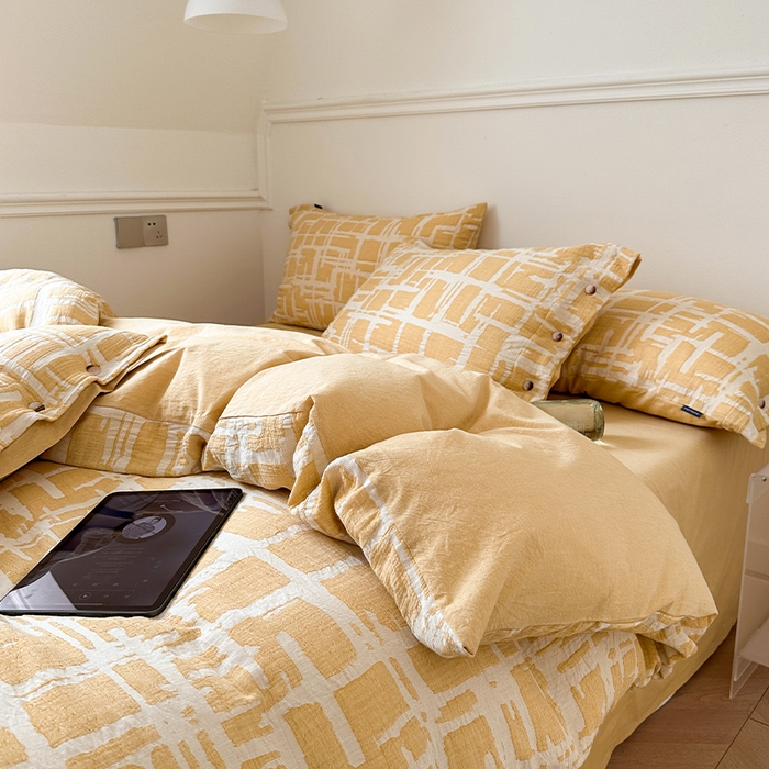 91家纺网 家纺一手货源 找家纺 （总）贝尔 PELLHOME 欧几里得全棉简约北欧几何空气提花三层纱四件套纯色系（可抖音代发）