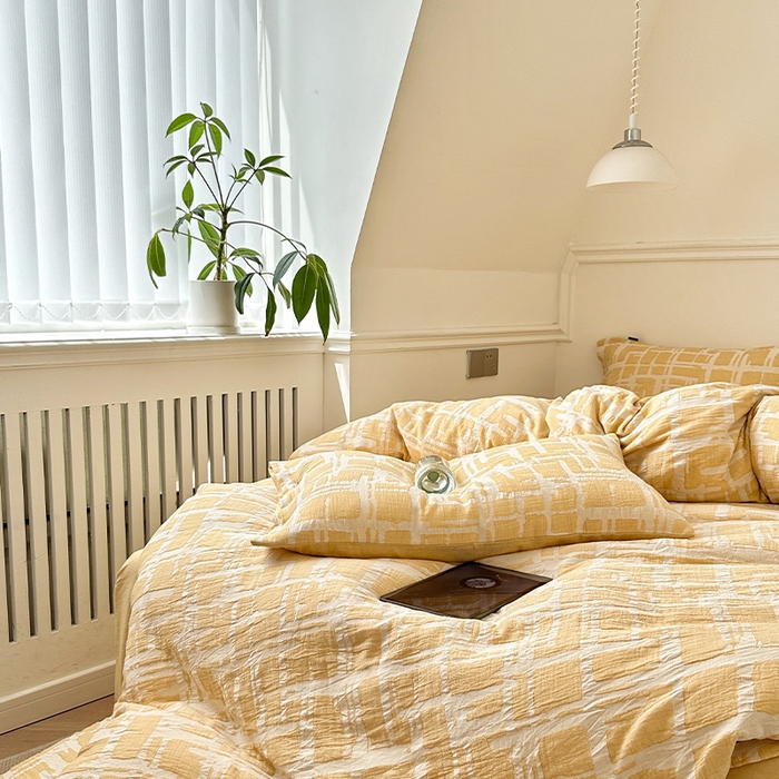 91家纺网 家纺一手货源 找家纺 （总）贝尔 PELLHOME 欧几里得全棉简约北欧几何空气提花三层纱四件套纯色系（可抖音代发）