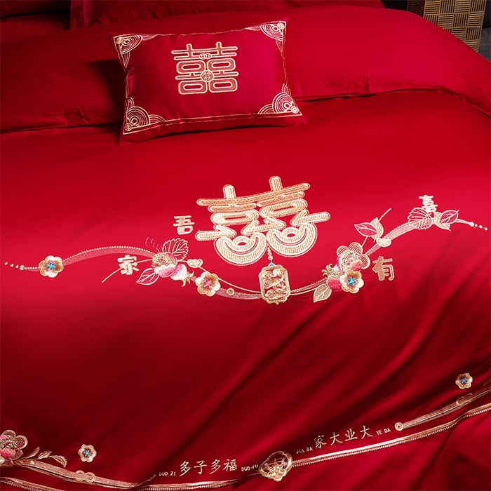 91家纺网 家纺一手货源 找家纺 芊囍纺 2025新款全棉刺绣婚庆四件套 世纪之恋