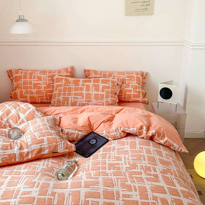 91家纺网 家纺一手货源 找家纺 （总）贝尔 PELLHOME 欧几里得全棉简约北欧几何空气提花三层纱四件套纯色系（可抖音代发）