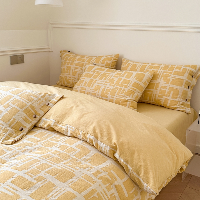 91家纺网 家纺一手货源 找家纺 贝尔 PELLHOME 欧几里得全棉简约北欧几何空气提花三层纱四件套纯色系（可抖音代发） 欧几里得-黄