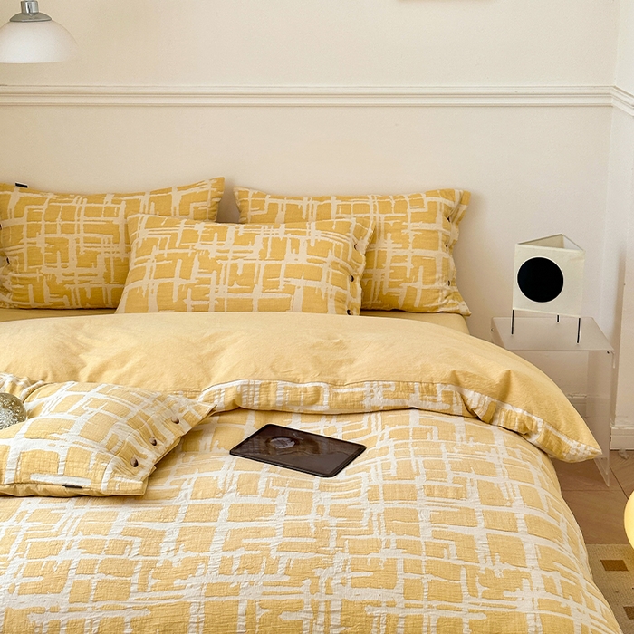 91家纺网 家纺一手货源 找家纺 贝尔 PELLHOME 欧几里得全棉简约北欧几何空气提花三层纱四件套纯色系（可抖音代发） 欧几里得-黄