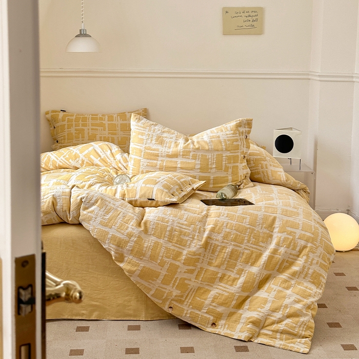 91家纺网 家纺一手货源 找家纺 贝尔 PELLHOME 欧几里得全棉简约北欧几何空气提花三层纱四件套纯色系（可抖音代发） 欧几里得-黄