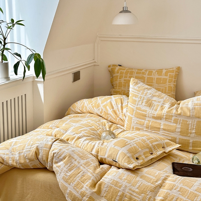 91家纺网 家纺一手货源 找家纺 贝尔 PELLHOME 欧几里得全棉简约北欧几何空气提花三层纱四件套纯色系（可抖音代发） 欧几里得-黄
