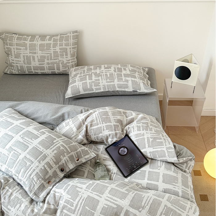 贝尔 PELLHOME 欧几里得全棉简约北欧几何空气提花三层纱四件套纯色系（可抖音代发） 欧几里得-灰