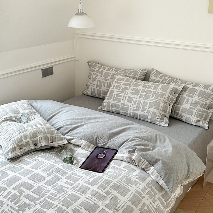 91家纺网 家纺一手货源 找家纺 贝尔 PELLHOME 欧几里得全棉简约北欧几何空气提花三层纱四件套纯色系（可抖音代发） 欧几里得-灰