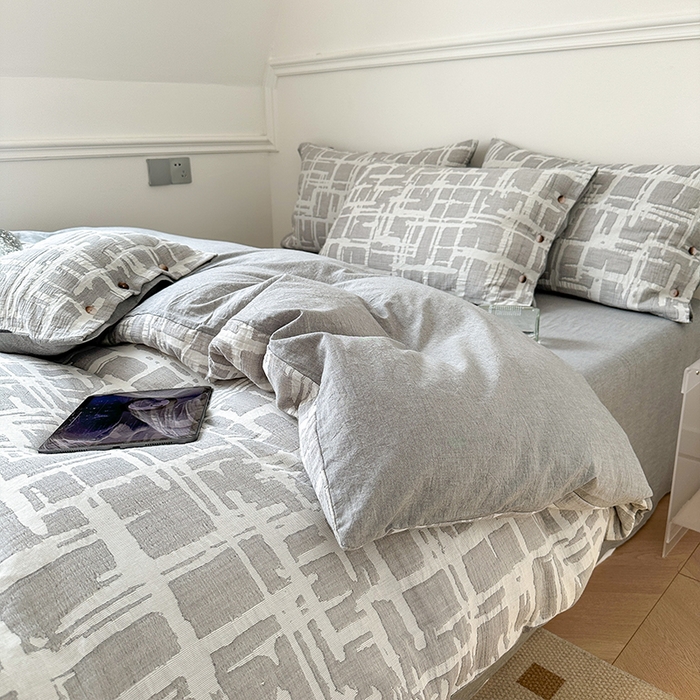 91家纺网 家纺一手货源 找家纺 贝尔 PELLHOME 欧几里得全棉简约北欧几何空气提花三层纱四件套纯色系（可抖音代发） 欧几里得-灰