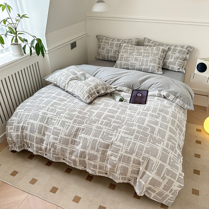 91家纺网 家纺一手货源 找家纺 贝尔 PELLHOME 欧几里得全棉简约北欧几何空气提花三层纱四件套纯色系（可抖音代发） 欧几里得-灰