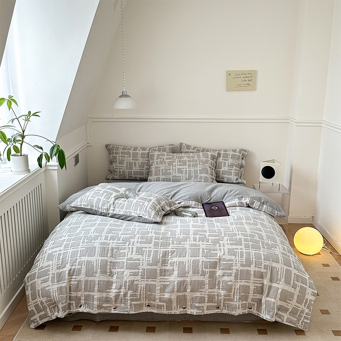 91家纺网 家纺一手货源 找家纺 贝尔 PELLHOME 欧几里得全棉简约北欧几何空气提花三层纱四件套纯色系（可抖音代发） 欧几里得-灰