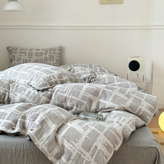 91家纺网 家纺一手货源 找家纺 贝尔 PELLHOME 欧几里得全棉简约北欧几何空气提花三层纱四件套纯色系（可抖音代发） 欧几里得-灰