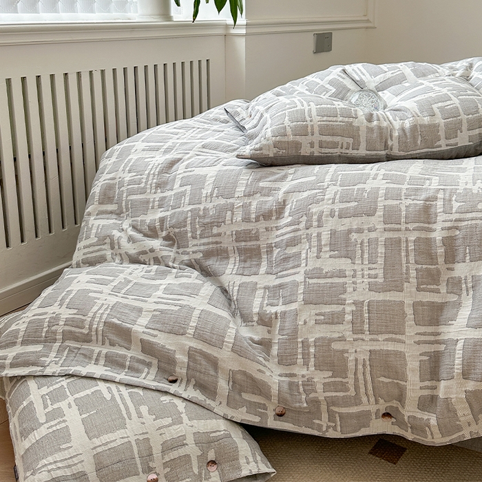 91家纺网 家纺一手货源 找家纺 贝尔 PELLHOME 欧几里得全棉简约北欧几何空气提花三层纱四件套纯色系（可抖音代发） 欧几里得-灰