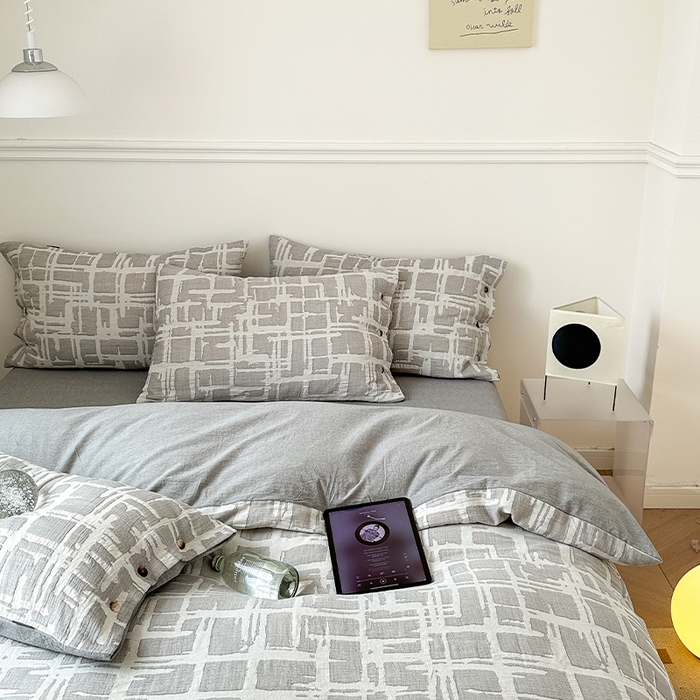 91家纺网 家纺一手货源 找家纺 贝尔 PELLHOME 欧几里得全棉简约北欧几何空气提花三层纱四件套纯色系（可抖音代发） 欧几里得-灰