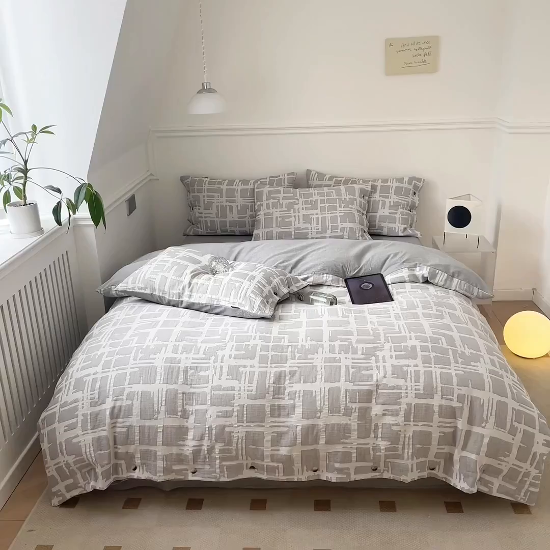 91家纺网 家纺一手货源 找家纺 贝尔 PELLHOME 欧几里得全棉简约北欧几何空气提花三层纱四件套纯色系（可抖音代发） 欧几里得-灰