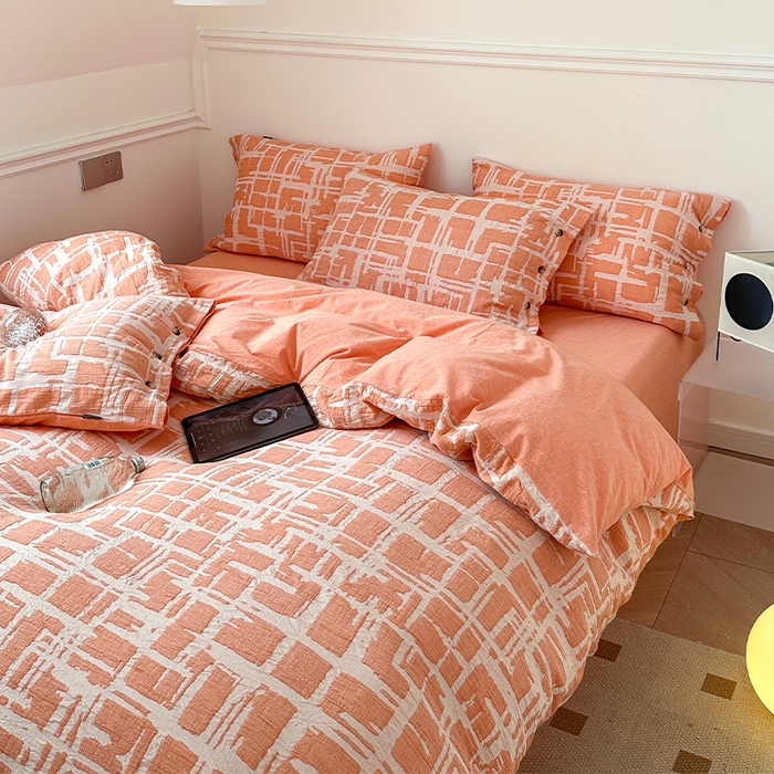 91家纺网 家纺一手货源 找家纺 贝尔 PELLHOME 欧几里得全棉简约北欧几何空气提花三层纱四件套纯色系（可抖音代发） 欧几里得-桔