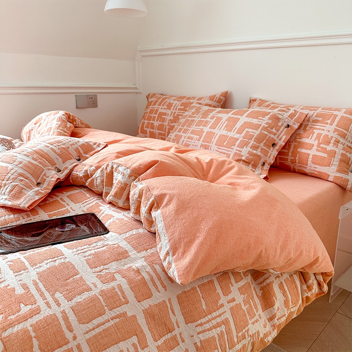 91家纺网 家纺一手货源 找家纺 贝尔 PELLHOME 欧几里得全棉简约北欧几何空气提花三层纱四件套纯色系（可抖音代发） 欧几里得-桔