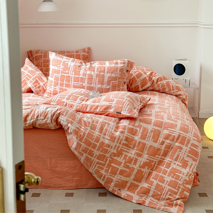 91家纺网 家纺一手货源 找家纺 贝尔 PELLHOME 欧几里得全棉简约北欧几何空气提花三层纱四件套纯色系（可抖音代发） 欧几里得-桔