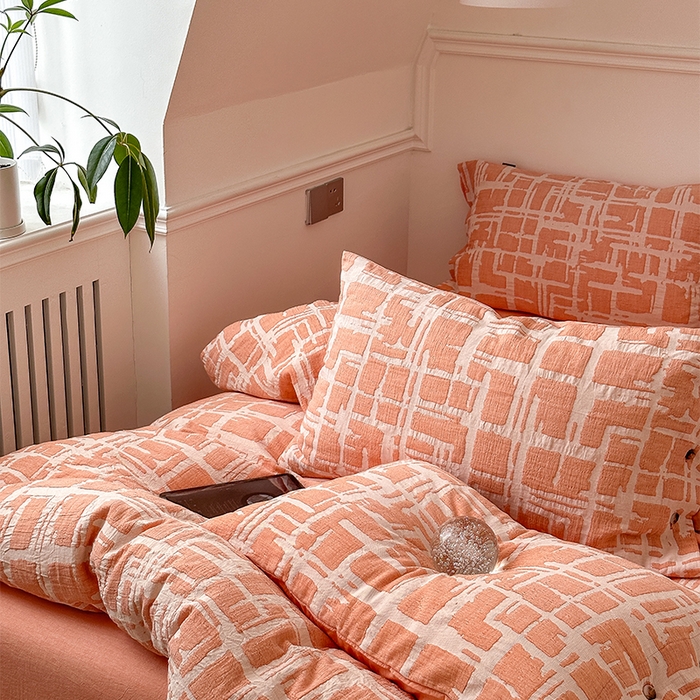 91家纺网 家纺一手货源 找家纺 贝尔 PELLHOME 欧几里得全棉简约北欧几何空气提花三层纱四件套纯色系（可抖音代发） 欧几里得-桔