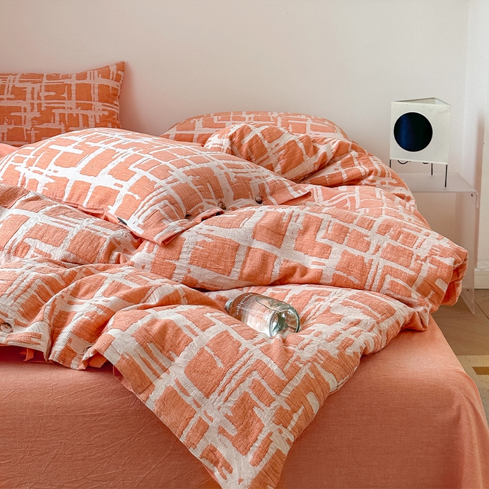 91家纺网 家纺一手货源 找家纺 贝尔 PELLHOME 欧几里得全棉简约北欧几何空气提花三层纱四件套纯色系（可抖音代发） 欧几里得-桔