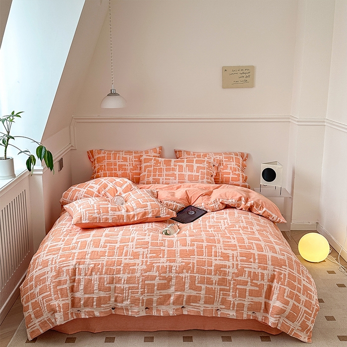 91家纺网 家纺一手货源 找家纺 贝尔 PELLHOME 欧几里得全棉简约北欧几何空气提花三层纱四件套纯色系（可抖音代发） 欧几里得-桔