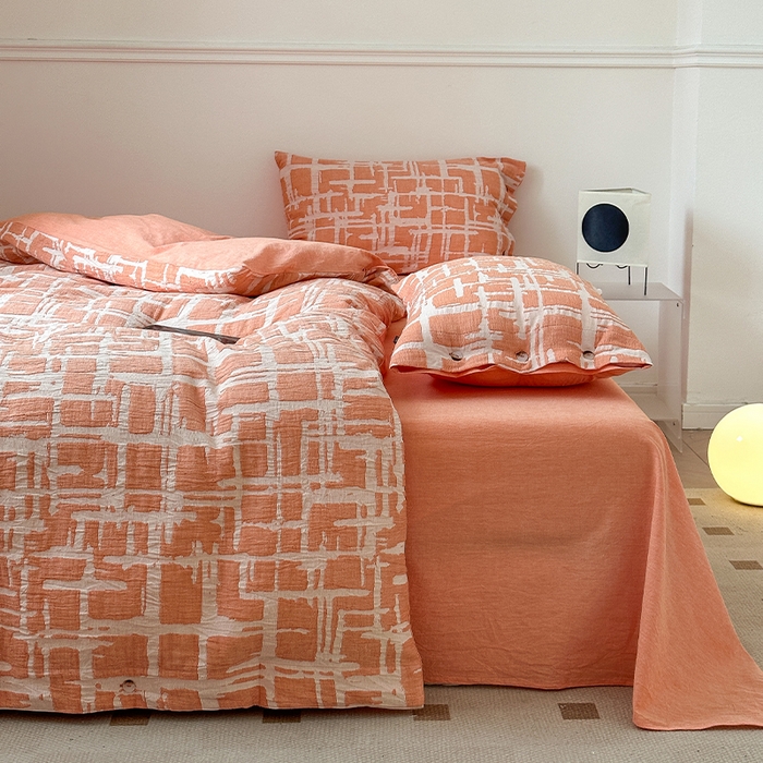 91家纺网 家纺一手货源 找家纺 贝尔 PELLHOME 欧几里得全棉简约北欧几何空气提花三层纱四件套纯色系（可抖音代发） 欧几里得-桔