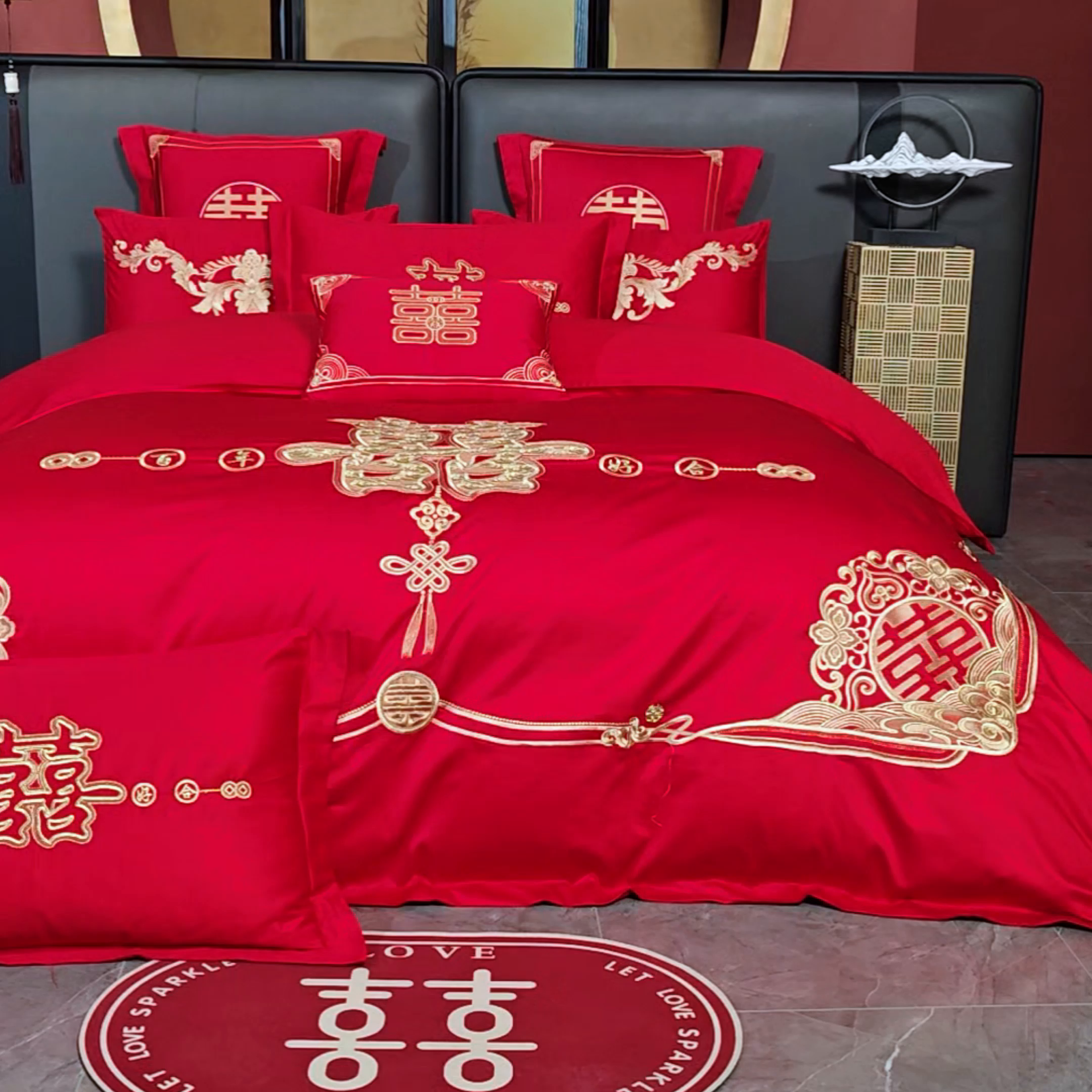 91家纺网 家纺一手货源 找家纺 芊囍纺 2025新款全棉刺绣婚庆四件套 喜上添花