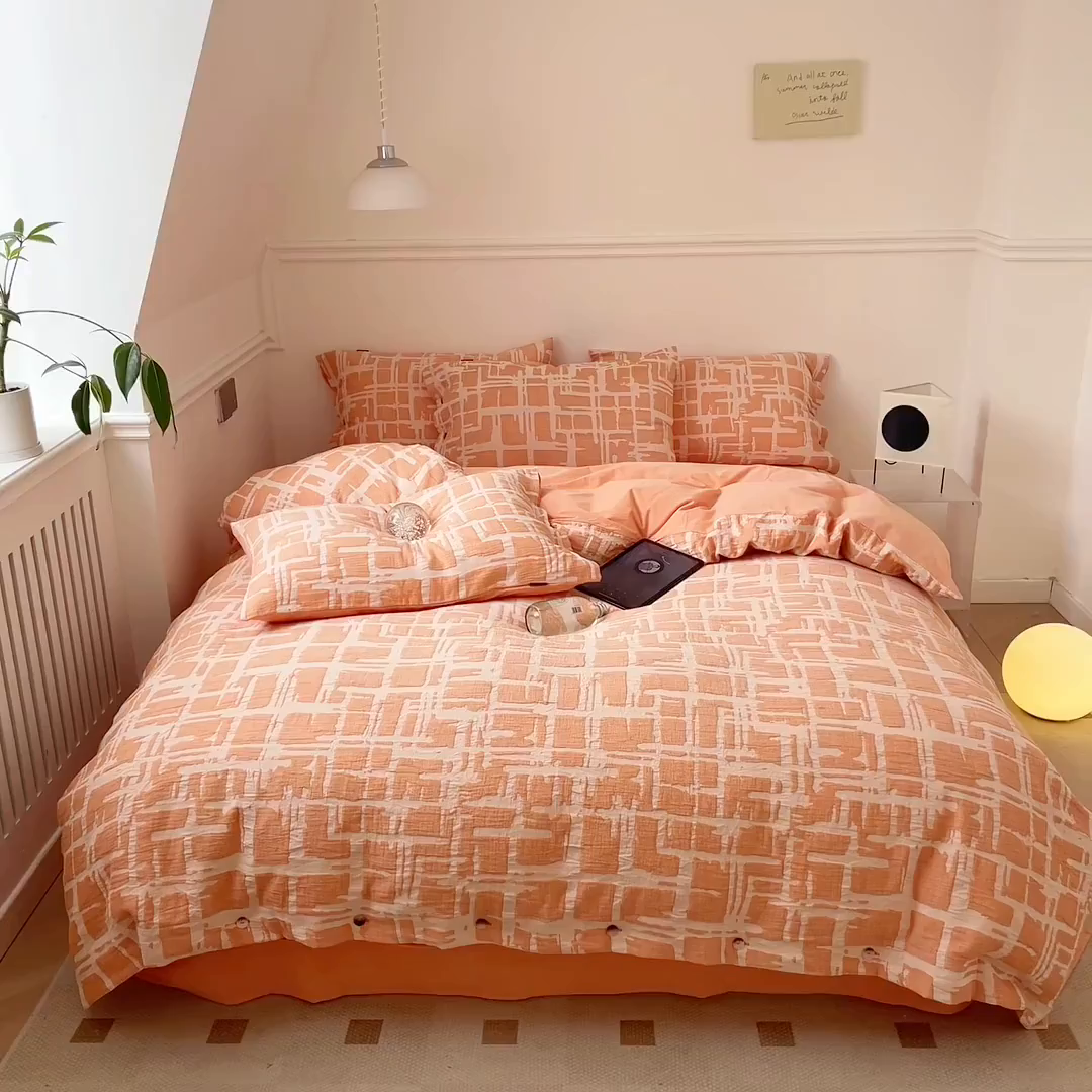 91家纺网 家纺一手货源 找家纺 贝尔 PELLHOME 欧几里得全棉简约北欧几何空气提花三层纱四件套纯色系（可抖音代发） 欧几里得-桔