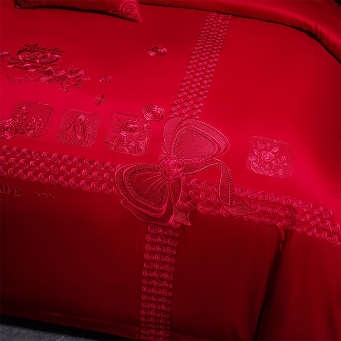 91家纺网 家纺一手货源 找家纺 芊囍纺 2025新款全棉刺绣婚庆四件套 幸福喜嫁红