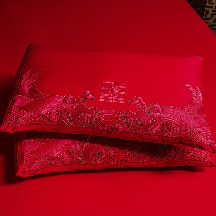 91家纺网 家纺一手货源 找家纺 芊囍纺 2025新款全棉刺绣婚庆四件套 幸福喜嫁红