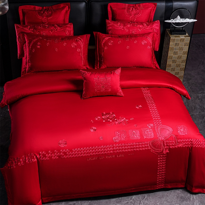 91家纺网 家纺一手货源 找家纺 芊囍纺 2025新款全棉刺绣婚庆四件套 幸福喜嫁红