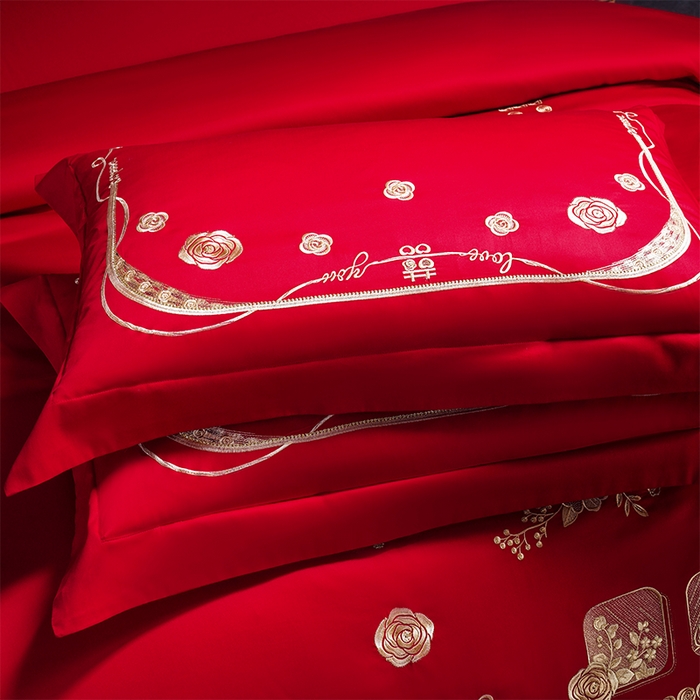 91家纺网 家纺一手货源 找家纺 芊囍纺 2025新款全棉刺绣婚庆四件套 幸福喜嫁金