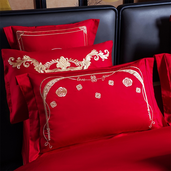 91家纺网 家纺一手货源 找家纺 芊囍纺 2025新款全棉刺绣婚庆四件套 幸福喜嫁金