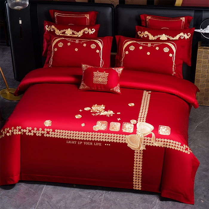 91家纺网 家纺一手货源 找家纺 芊囍纺 2025新款全棉刺绣婚庆四件套 幸福喜嫁金