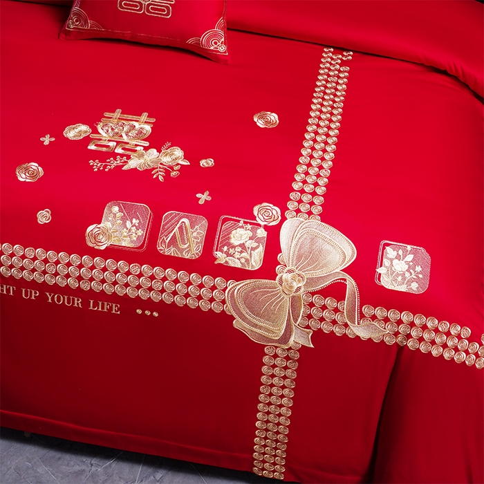 91家纺网 家纺一手货源 找家纺 芊囍纺 2025新款全棉刺绣婚庆四件套 幸福喜嫁金