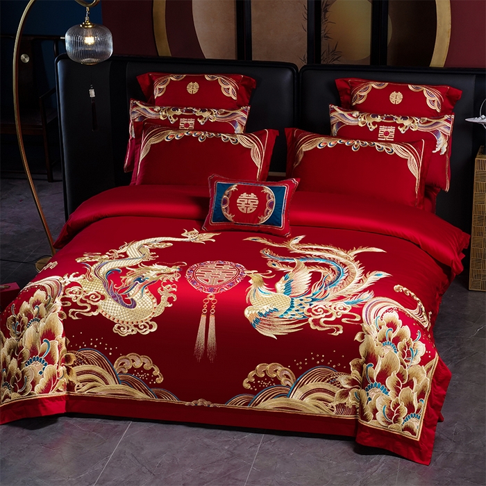 91家纺网 家纺一手货源 找家纺 芊囍纺 2025新款全棉刺绣婚庆四件套 金玉满堂