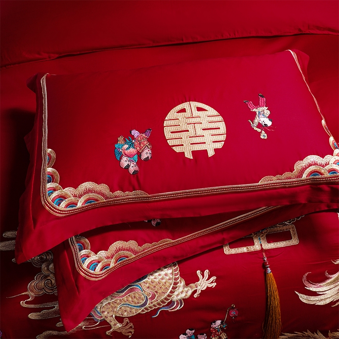 91家纺网 家纺一手货源 找家纺 芊囍纺 2025新款全棉刺绣婚庆四件套 龙凤传情